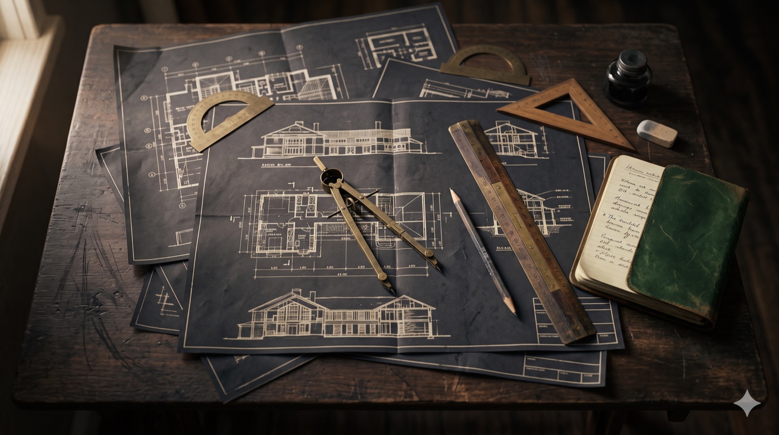 An architect's drafting table with blueprints, a brass compass, and a notebook.
