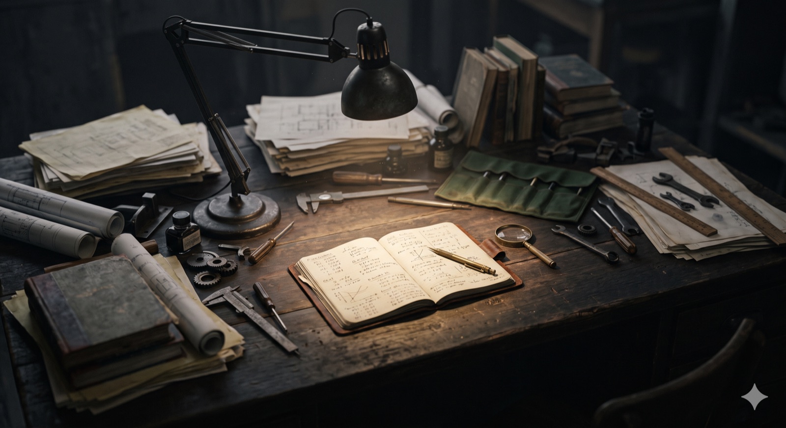 A craftsman's worn desk under a single lamp, papers and tools spilling into shadow.