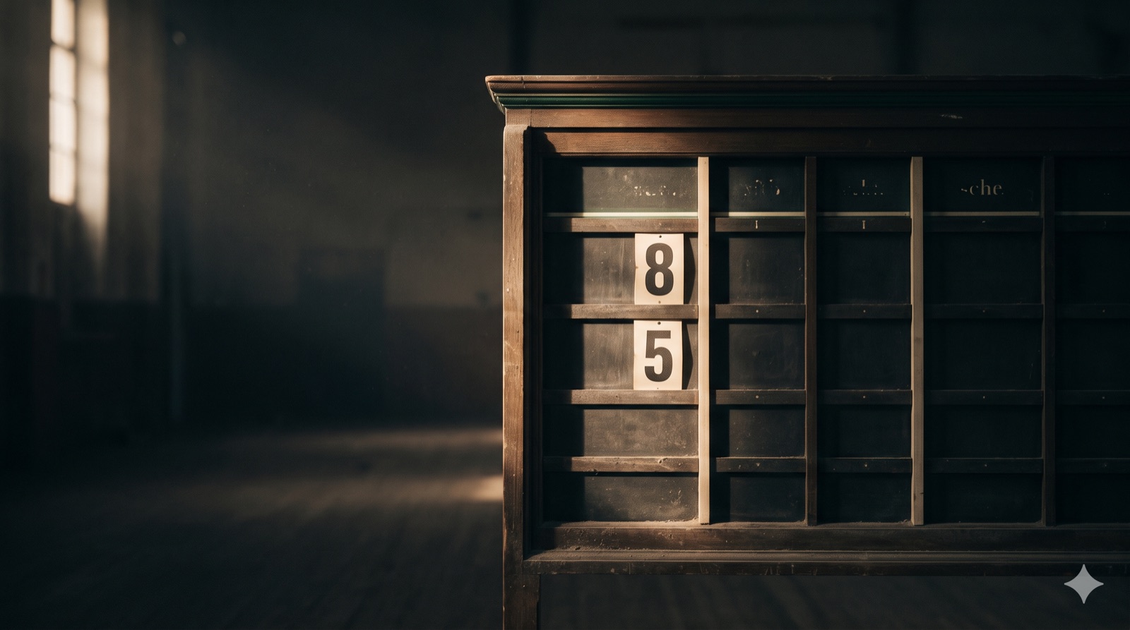 An old wooden scoreboard in a dim hall, one column lit.