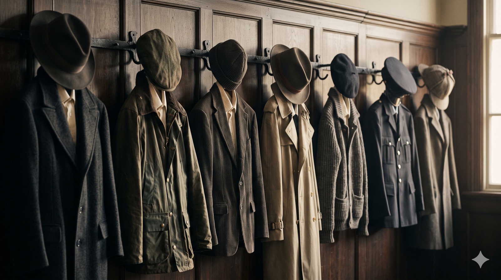 A row of coats and hats on hooks, each reading as a different character.