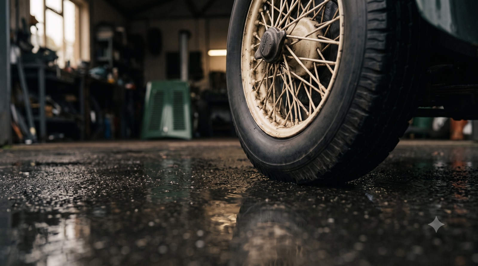 A single classic car wheel meeting wet tarmac in a dim workshop, shot close and low — the one part of the car that actually touches the ground.