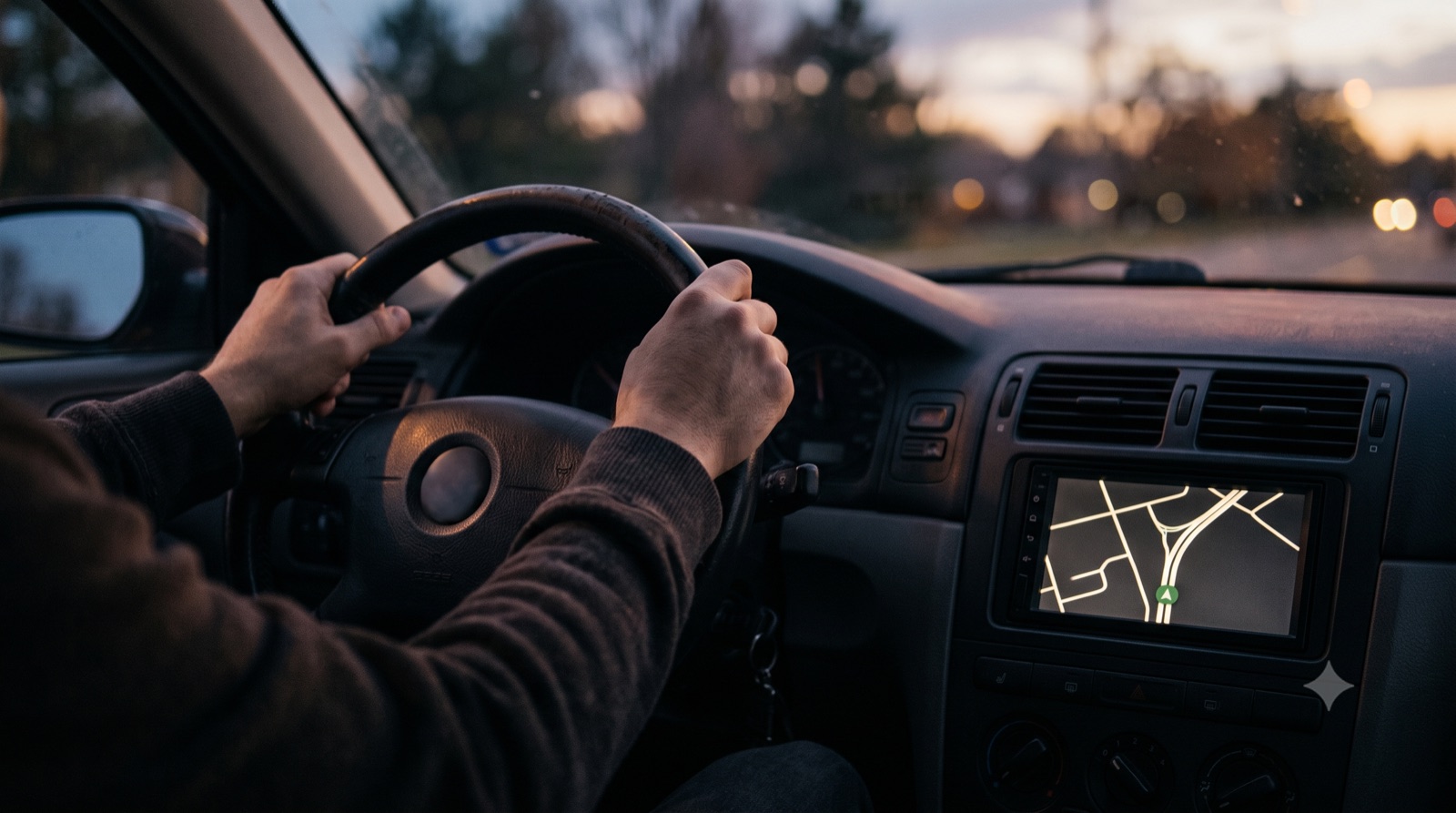 A car dashboard at dusk seen from the driver's seat, hands resting easy on the wheel, a glowing navigation map recalculating the route on the console.